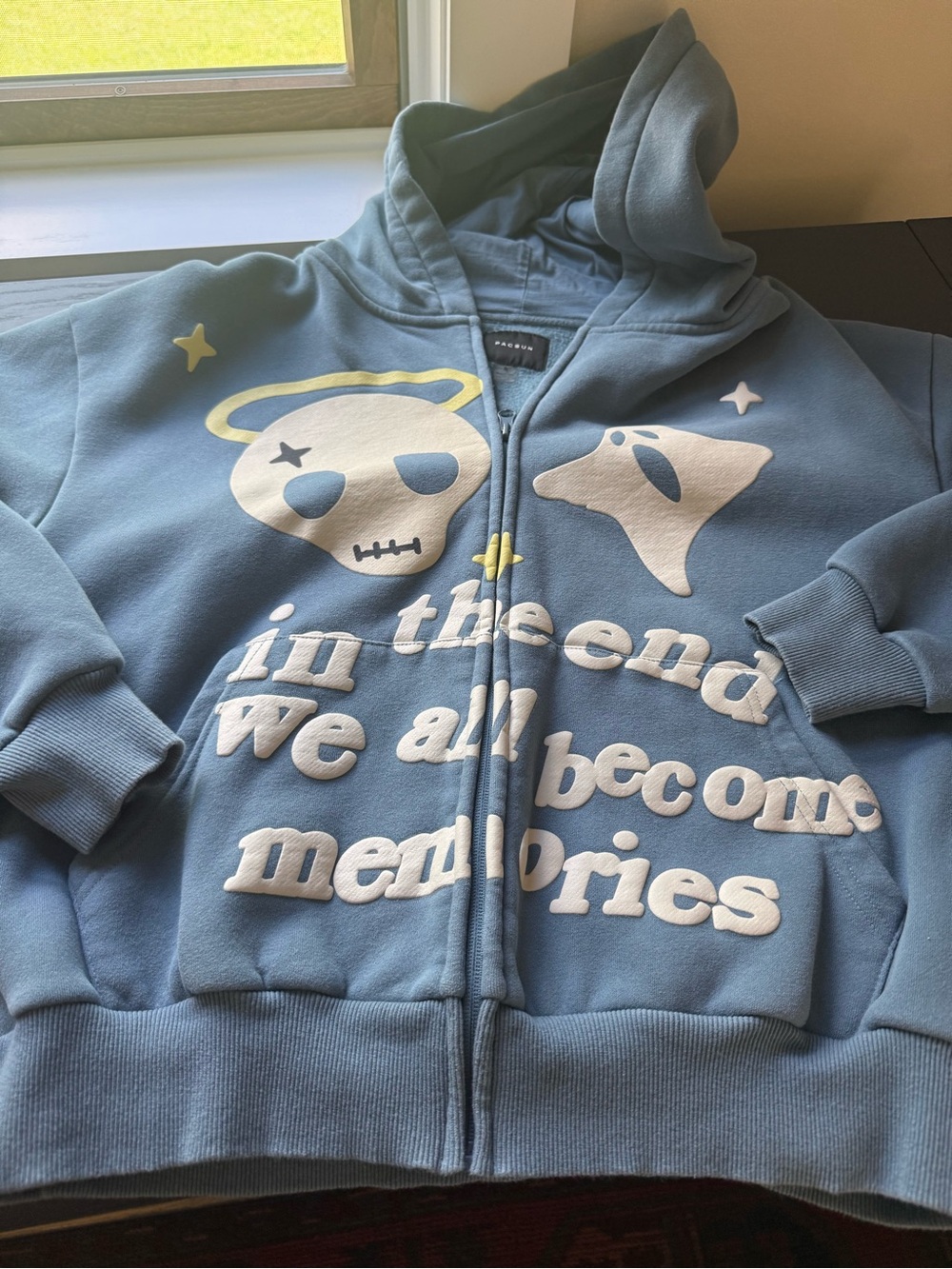 Men’s PacSun Blue Graphic Zip-Up Hoodie with Skull & Ghost Motif, Size Small